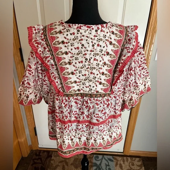 New women’s Calypso St Barth cotton quilt milkmaid boho flowy ruffle top. Large - Picture 4 of 16